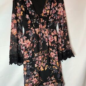Xhilaration Black Mini Dress with Pink & Peach Floral Print